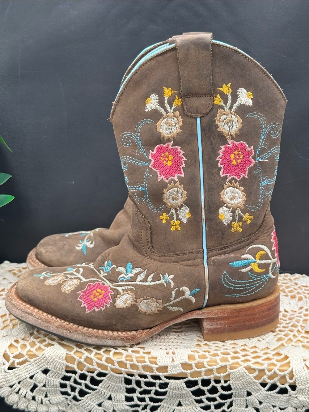 Little Girls Embroidered Western Cowgirl Boots with Pink & Teal Floral Design